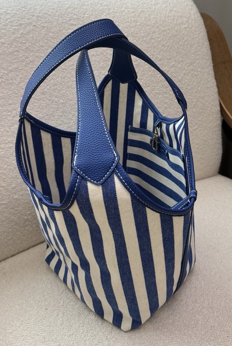 House of Harlow Canvas Tote Bucket Bag Blue& White Striped Coastal Nantucket